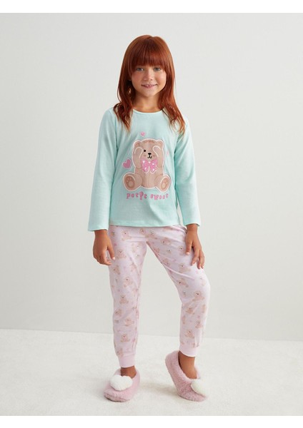Yeni Sezon Bisiklet Yaka Baskılı Kız Çocuk Pijama Takımı