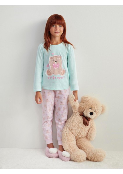 Yeni Sezon Bisiklet Yaka Baskılı Kız Çocuk Pijama Takımı modelleri