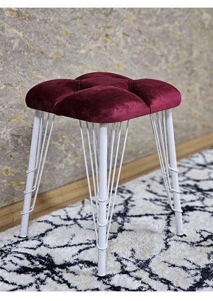 Kare Beyaz Boyalı Telli Ayaklı Tabure - Oturak - Bar Taburesi - Ayaklı Tabure Bordo Renk 33 x 48 Boyut/ebat