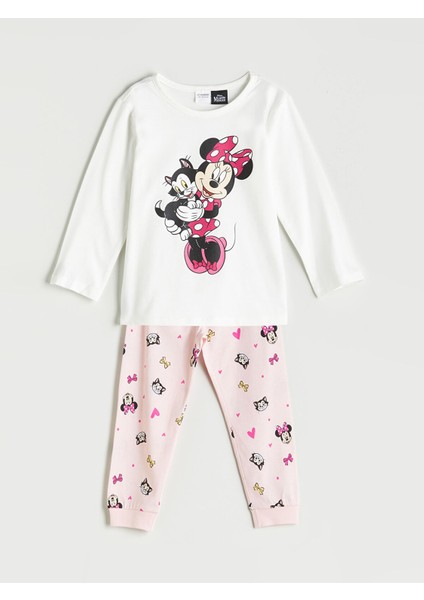 Yeni Sezon Bisiklet Yaka Minnie Mouse Baskılı Kız Çocuk Pijama Takımı