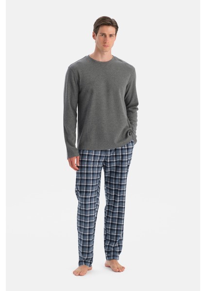 Antrasit Melanj Dikiş Detaylı Waffle Tişört Pantolon Pijama Takımı