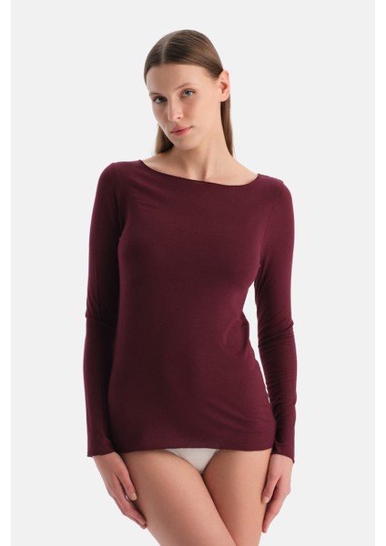 Bordo Modal Kaşmir Kayık Yaka Uzun Kollu Üst