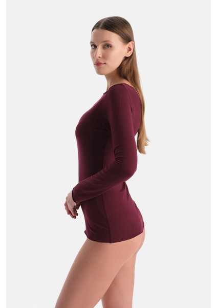 Bordo Modal Kaşmir Kayık Yaka Uzun Kollu Üst modelleri