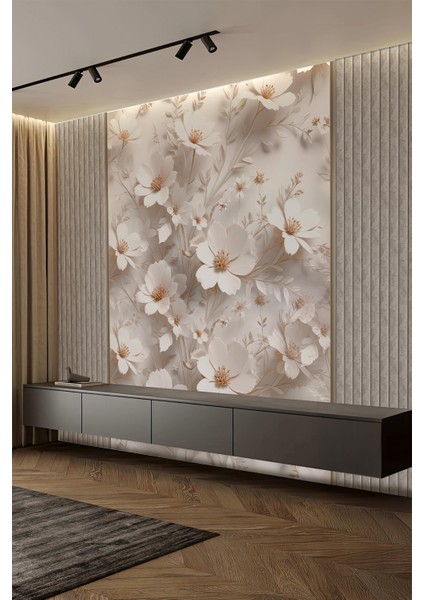 Beyaz Çiçek ve Panel Desenli Modern Tekstil Duvar Kağıdı