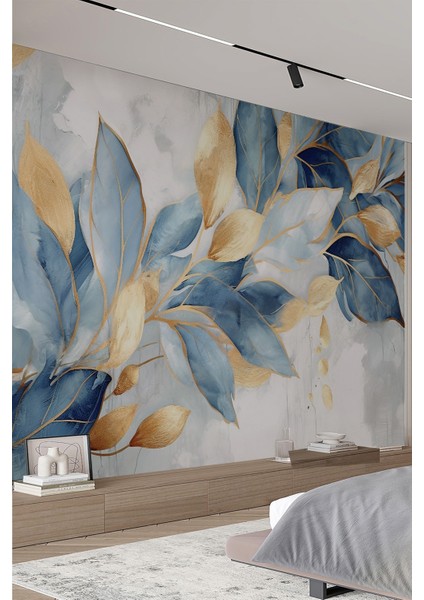 Mavi ve Altın Yaprak Desenli Tek Parça Tekstil Duvar Kağıdı fiyatları