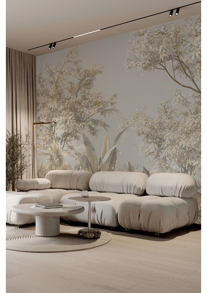 Bej Egzotik Orman Desenli Tekstil Duvar Kağıdı