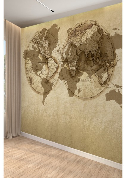 Vintage Dünya Haritası Tekstil Duvar Kağıdı – Eski Kağıt Efektli, Retro Tasarım