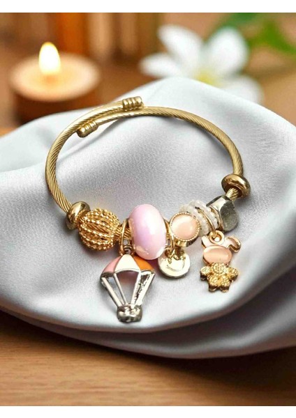 Balon Detaylı Pembe Charm Çelik Bileklik