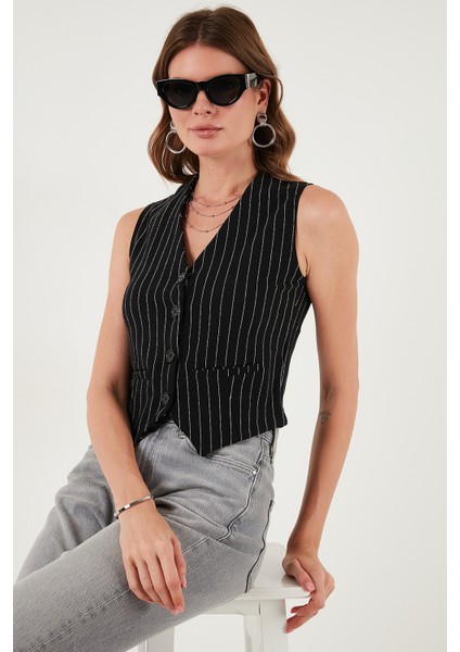 Streç Fitted Fit V Yaka Düğmeli Yelek Bayan Yelek 5865971