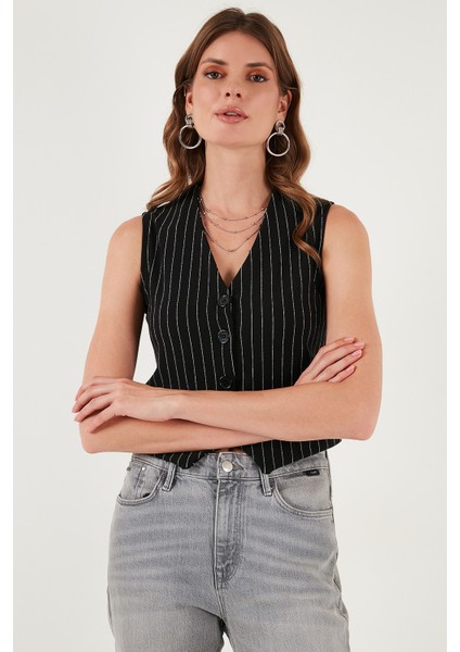 Streç Fitted Fit V Yaka Düğmeli Yelek Bayan Yelek 5865971 modelleri