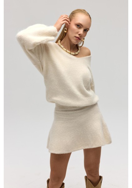 Nordis Volanlı Ekru Triko Mini Etek