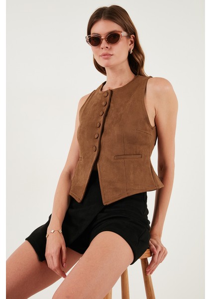 Fitted Fit Bisiklet Yaka Düğmeli Yumuşak Dokulu Yelek Bayan Yelek 5866435