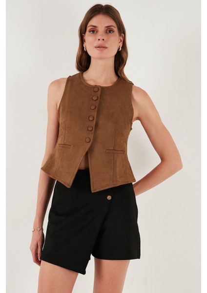 Fitted Fit Bisiklet Yaka Düğmeli Yumuşak Dokulu Yelek Bayan Yelek 5866435 modelleri