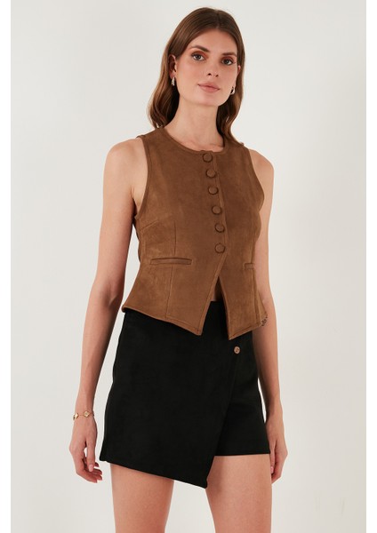 Fitted Fit Bisiklet Yaka Düğmeli Yumuşak Dokulu Yelek Bayan Yelek 5866435 fırsatları