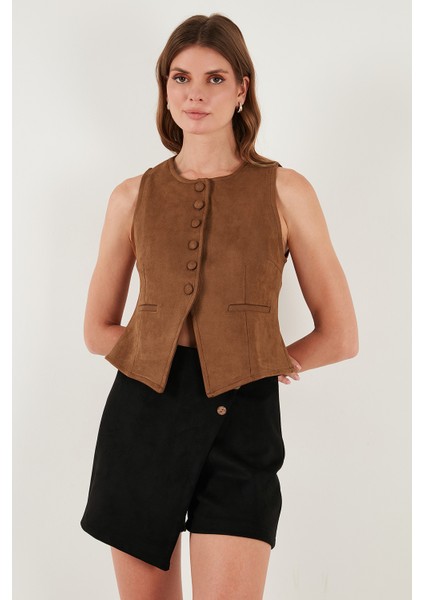 Fitted Fit Bisiklet Yaka Düğmeli Yumuşak Dokulu Yelek Bayan Yelek 5866435 indirimleri