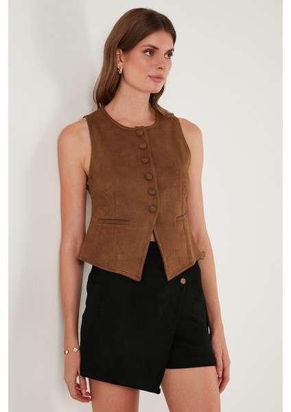 Fitted Fit Bisiklet Yaka Düğmeli Yumuşak Dokulu Yelek Bayan Yelek 5866435