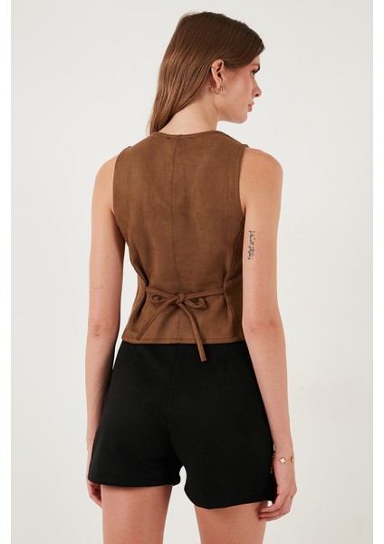 Fitted Fit Bisiklet Yaka Düğmeli Yumuşak Dokulu Yelek Bayan Yelek 5866435