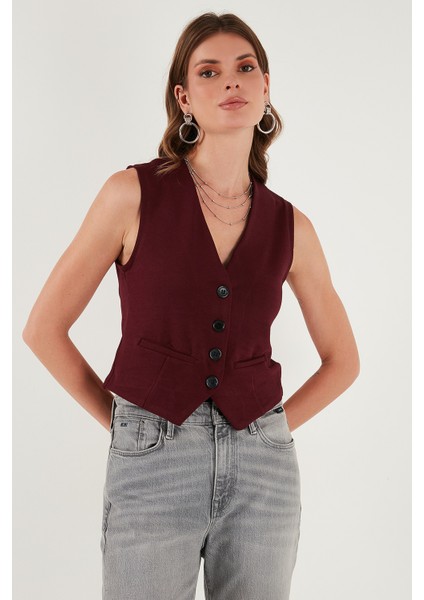 Streç Fitted Fit V Yaka Düğmeli Yelek Bayan Yelek 5865971