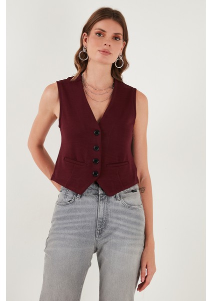 Streç Fitted Fit V Yaka Düğmeli Yelek Bayan Yelek 5865971 modelleri