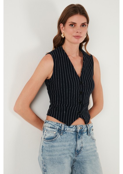 Streç Fitted Fit V Yaka Düğmeli Yelek Bayan Yelek 5865971