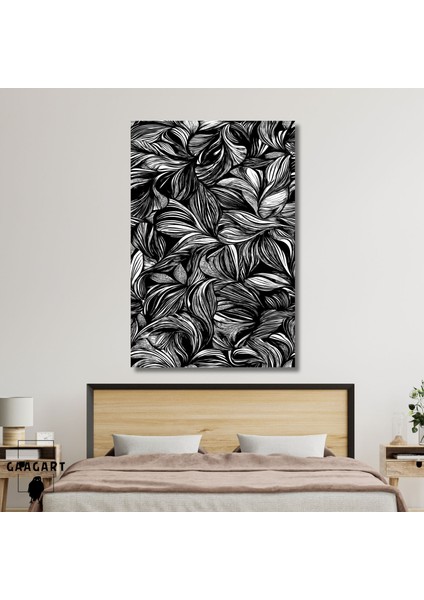 Tekli Dikey Kanvas Tablo Siyah Beyaz Çizgisel Soyut Yapraklar
