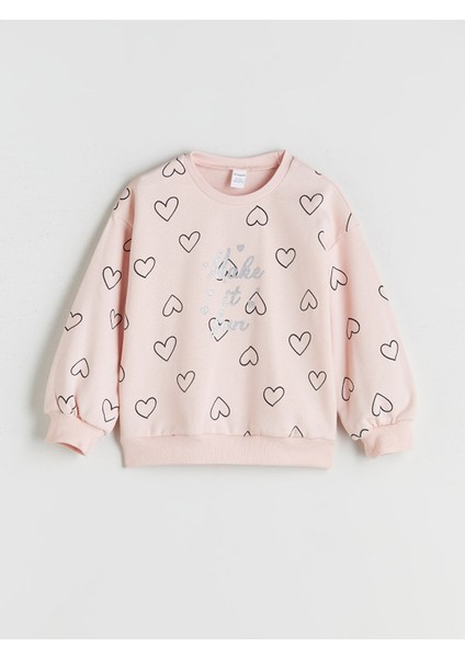 Yeni Sezon Bisiklet Yaka Kalp Baskılı Kız Çocuk Sweatshirt
