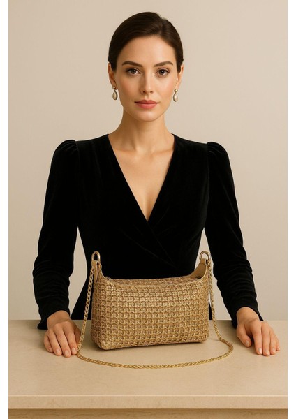 Kadın Işıltılı File Örme Zincirli El ve Omuz Çantası
