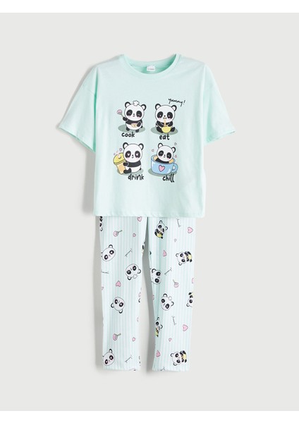 Yeni Sezon Bisiklet Yaka Baskılı Kız Çocuk Pijama Takımı