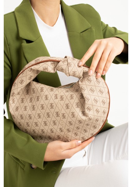 Kadin Mini Baget Dügüm Detaylı Fermuarlı El Çanta Desenli