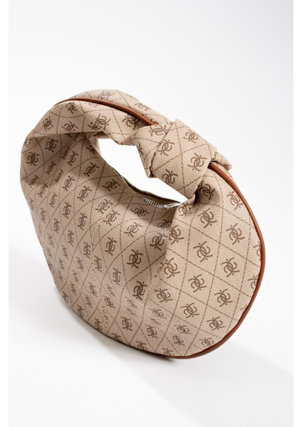 Kadin Mini Baget Dügüm Detaylı Fermuarlı El Çanta Desenli