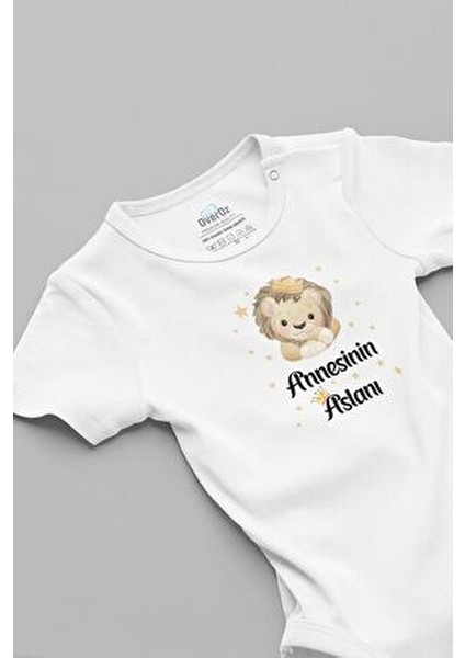 Organik %100 Pamuk Annesinin Aslanı Baskılı Bebek Body Kısa Kollu Çıtçıtlı Badi Zıbın Tulum 5269