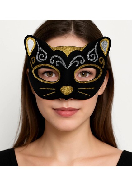 Kadife Dokulu Sim Detaylı Işıltılı Kedi Maskesi Altın Gümüş 20X13 cm - Lisinya