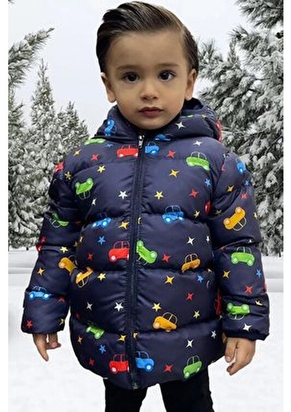 Erkek Çocuk Polarlı Kapüşonlu Araba Yıldız Ay Desenli Kışlık Şişme Mont & Kaban & Parka
