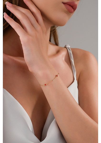 14 Ayar Altın Zarif Kırmızı Yonca Bileklik