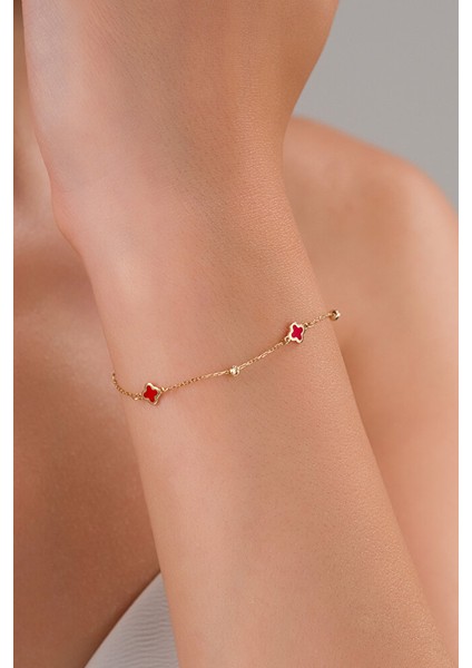 14 Ayar Altın Zarif Kırmızı Yonca Bileklik fiyatları