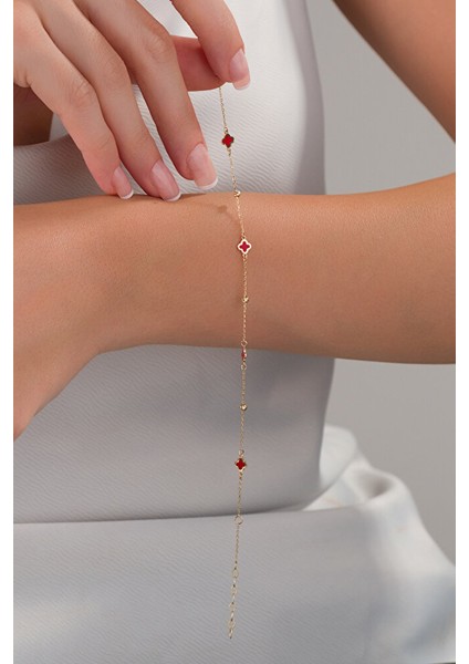 14 Ayar Altın Zarif Kırmızı Yonca Bileklik modelleri