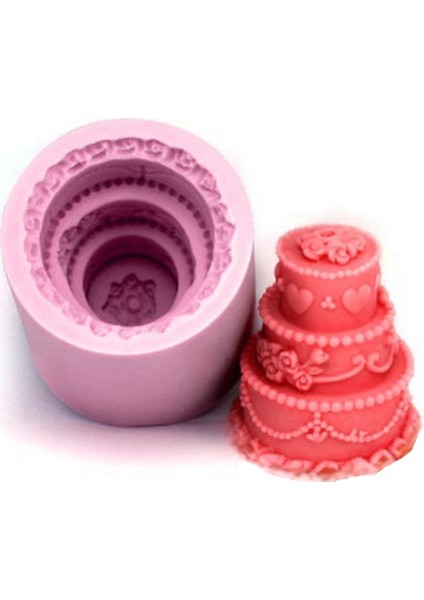 5,5cm 3 Katlı Mini Pasta Silikon Kalıp Pembe K-438, Kokulu Taş Sabun Alçı Mum Kalıbı