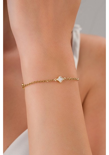 14 Ayar Altın Beyaz Yonca Bileklik fiyatları