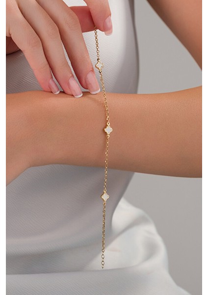 14 Ayar Altın Beyaz Yonca Bileklik modelleri