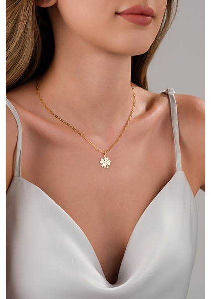 14 Ayar Altın Ataç Pres Yonca Kolye