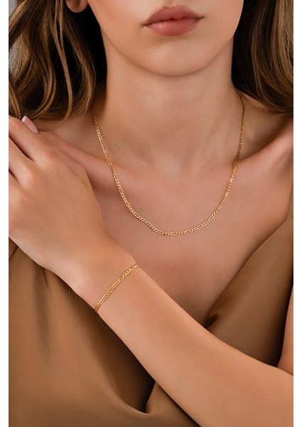 14 Ayar Altın Figaro Model Set, Bileklik&kolye