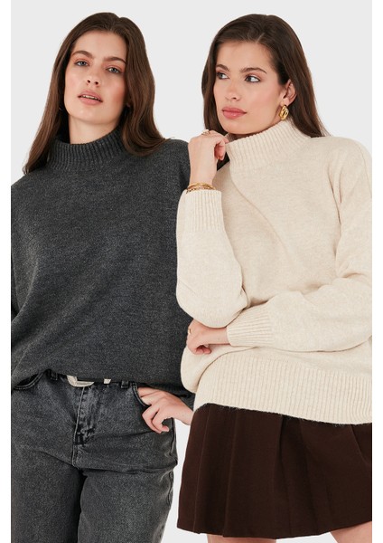 Oversize Fit Balıkçı Yaka Yumuşak Dokulu 2'li Paket Triko Kazak Bayan Kazak 680KZ00469S2