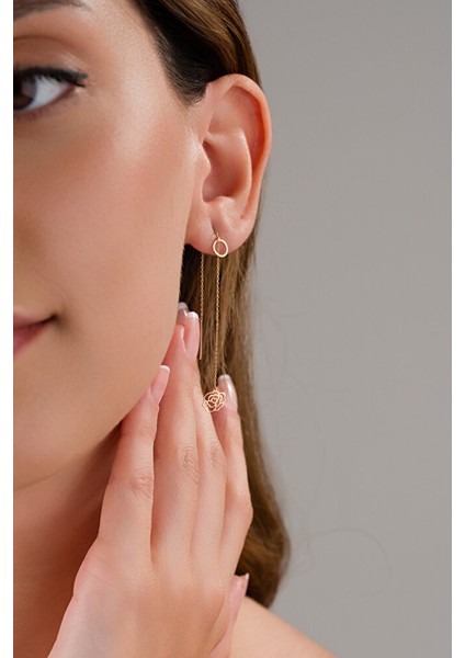 14 Ayar Altın Gül Tasarımlı Zincirli Küpe