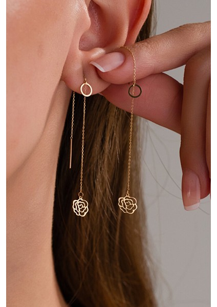 14 Ayar Altın Gül Tasarımlı Zincirli Küpe fiyatları