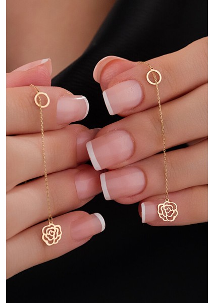 14 Ayar Altın Gül Tasarımlı Zincirli Küpe modelleri