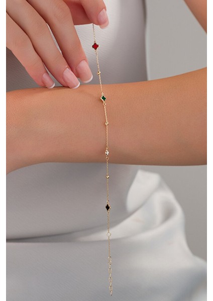 14 Ayar Altın Zarif Renkli Yonca Bileklik modelleri