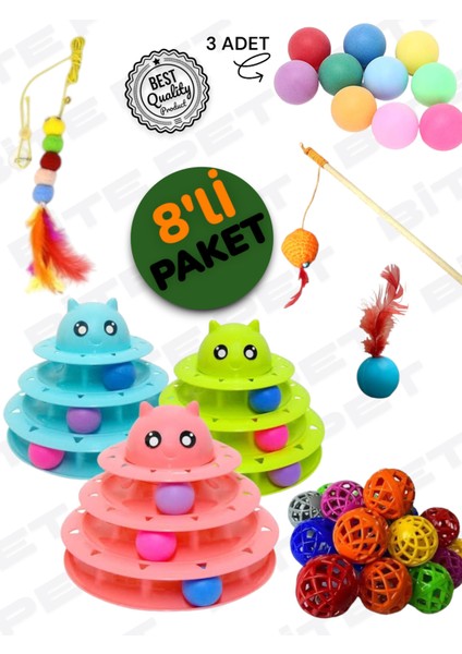 L 8'li Oyun Seti: Yapışkan Olta+3 Katlı Kedi Oyuncağı+Tüylü Top+Kedi Oltası+Zilli Top+ 3ADET Oyun Topu 1 Adet