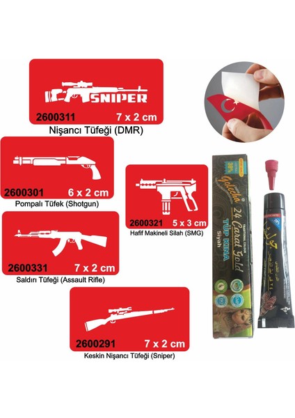 Silah Desen Serisi Hint Kınası ile Geçici Dövme Yapma Seti