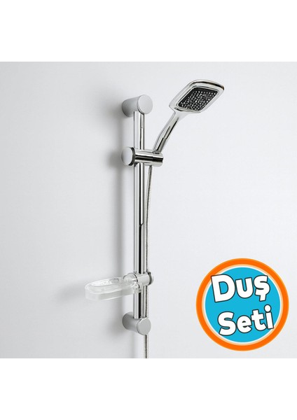 Sürgülü Duş Seti Krom Kaplama Şeffaf Sabunluklu Ayarlanabilir Yükseklikli Lüks Banyo Duş Takım