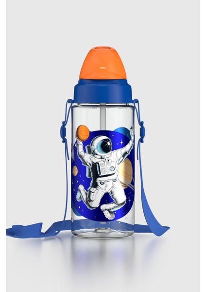 Sonic Air Astronot Desenli 500 ml Askılı Pipetli Tritan Çocuk Matara 912059 Mavi-Turuncu
